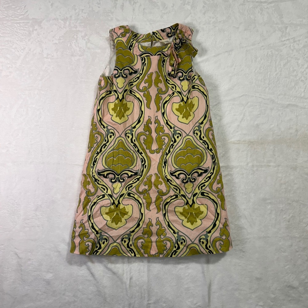 Crewcuts Shift Dress 4/5 Pink Green‎ Damask Ruffle Sleeveless Girls